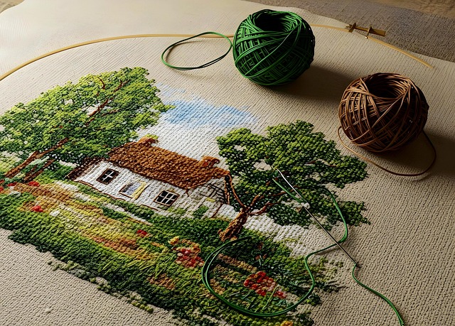 A stitched cottage landscape sampler