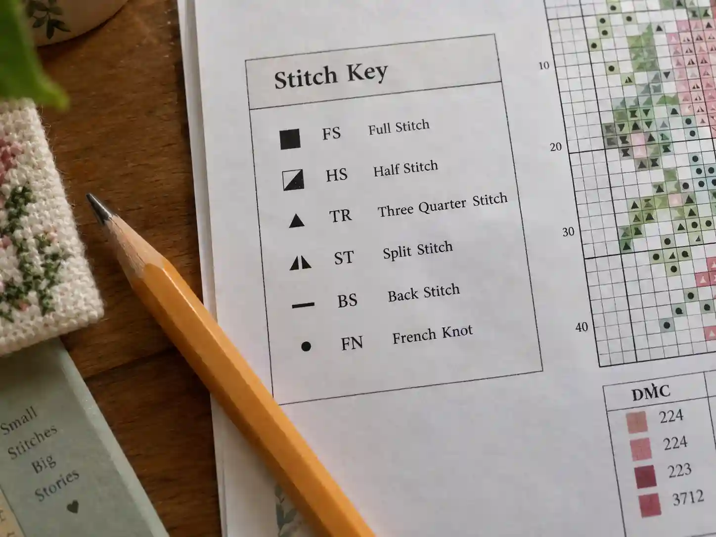 A stitch symbol legend showing cross stitch, half stitch, French knot, backstitch, and other common abbreviations with worked examples