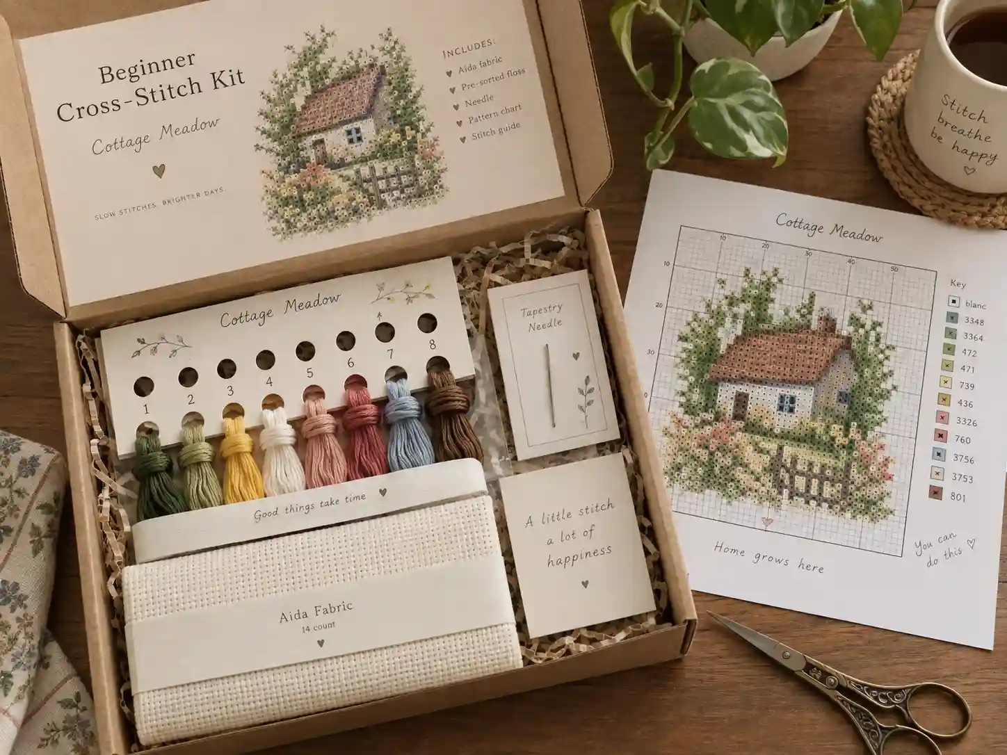 A beginner cross-stitch kit box opened to show the fabric, hoop, floss, needles, and chart included