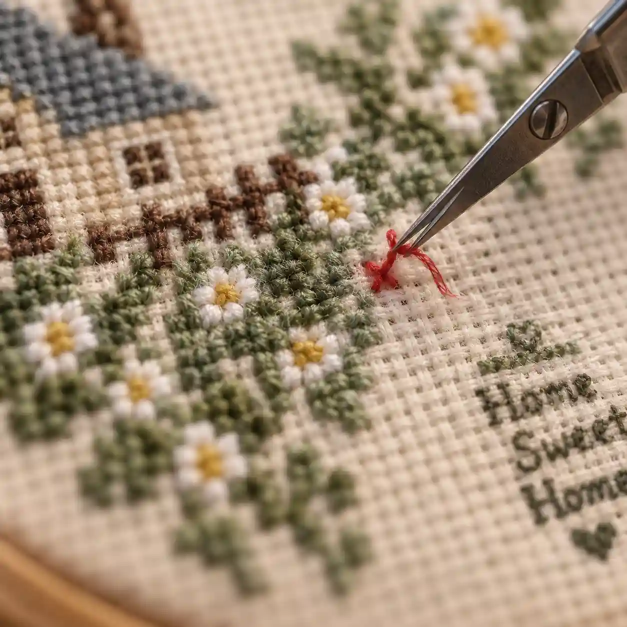 Tweezers picking out a stitch from a finished cross-stitch piece to fix a mistake