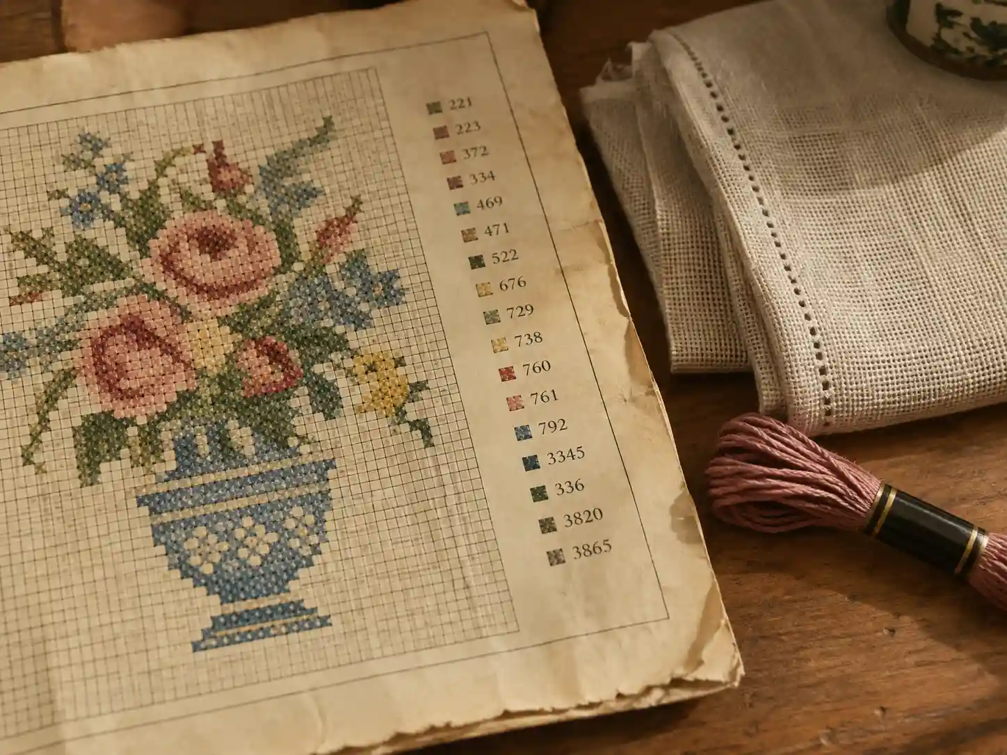 An antique pattern book open to a cross-stitch alphabet chart, next to linen fabric and floss