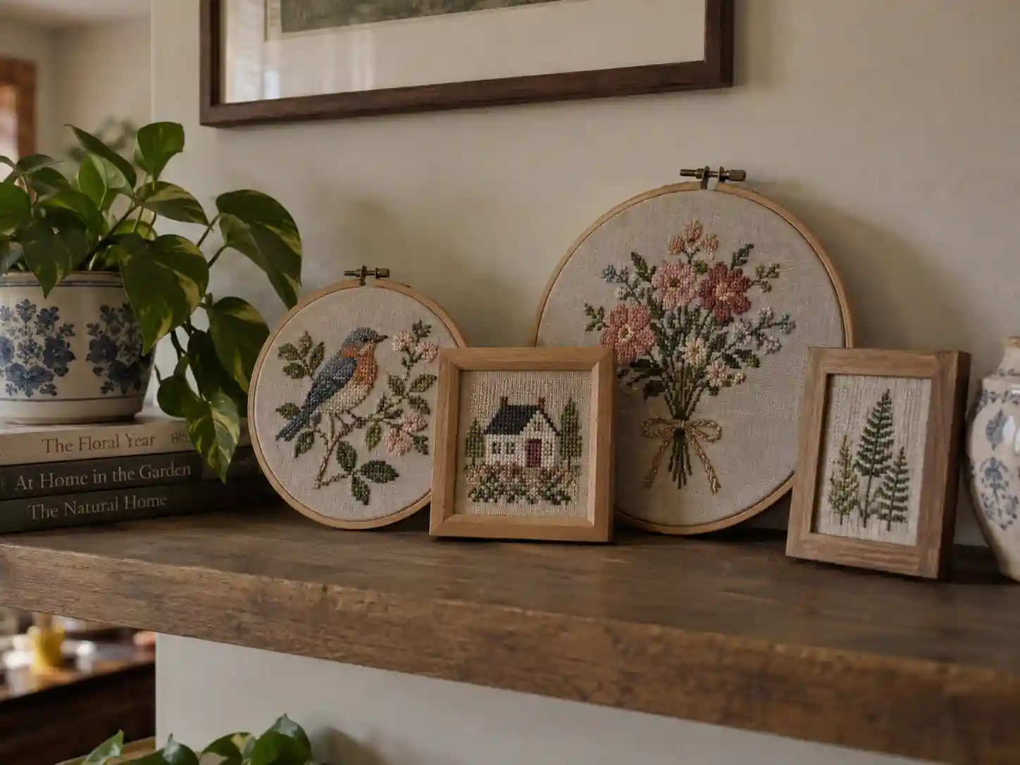 A gallery-style display of finished cross-stitch pieces in hoops and frames on a shelf
