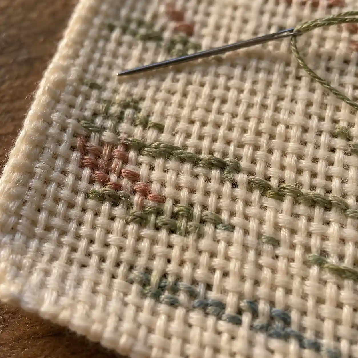 A close-up of the back of a cross-stitch piece showing a thread tail woven in without a knot